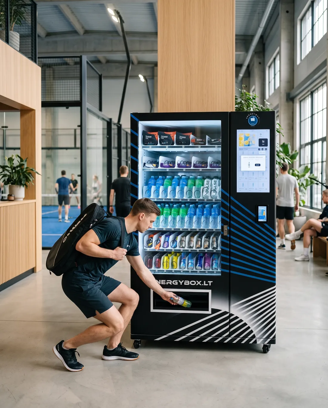 Energybox užkandžių ir gėrimų automatas padelio klube – žaidėjas pasiima gėrimą